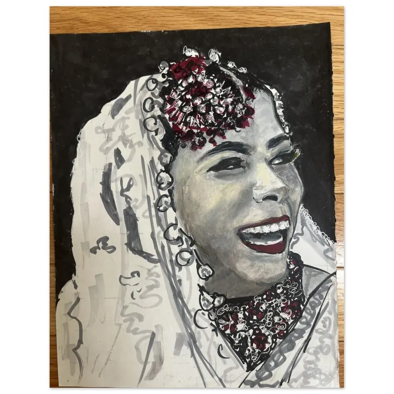 Joyful Portrait Fine Art Poster - Vibrant Red & Grey Expressionist Art Print