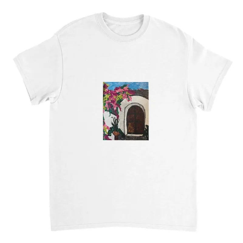 Mediterranean Doorway T-Shirt: Vibrant Bougainvillea & Rustic Charm