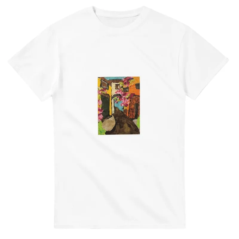 Vibrant Mediterranean Villa Collage T-Shirt – Artistic Street Scene