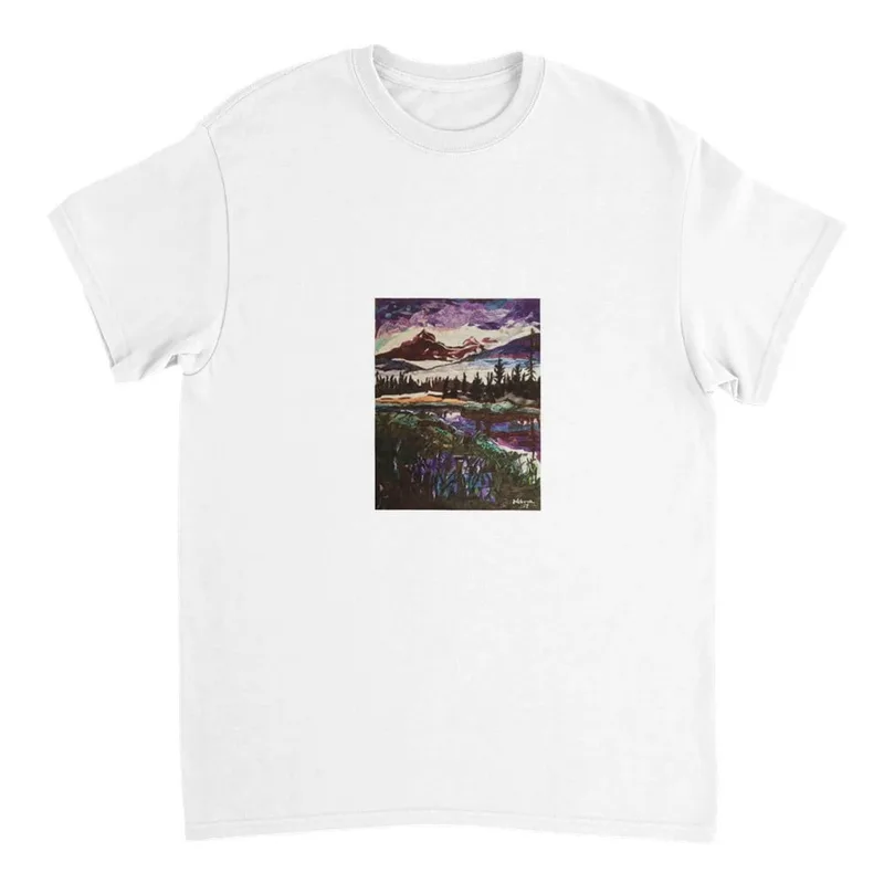 Abstract Mountain Sunset T-Shirt: Bold Lavender & Forest Green Landscape Tee