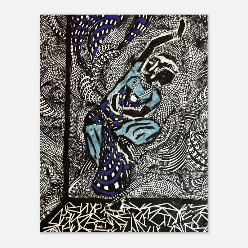 Abstract Figure in Blue & Black - Intricate Patterned Fine Art Poster